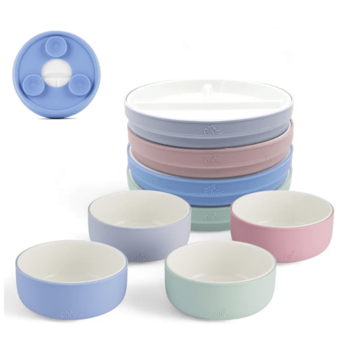 Kids Porcelain Mealtime Bundle | Suction Sleeves | 6.7" Plates + Bowls | 8 Pcs | Blush/Lilac/Sage/Misty Blue