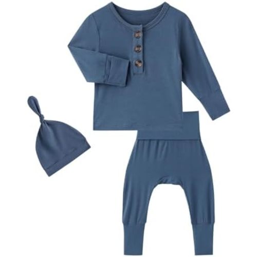 Newborn Baby Boys Girls Clothes Coming Home Outfit Bamboo Viscose Button Tops and Pants with Hat/Headbands Clothing Set