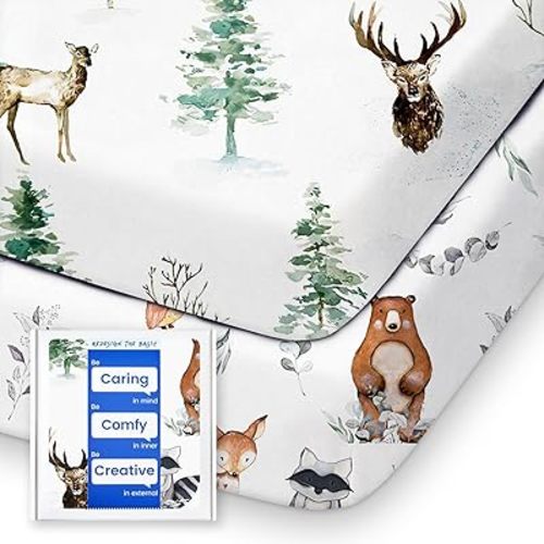 Pack N Play Sheets Fitted, TotBasic Ultra Soft Animal Mini Crib Sheets, Premium Jersey Knit Pack and Play Sheets Neutral, Stretchy Play Yard Sheets for Pack and Play Mattress, 2 Pack (Bear and Dear)