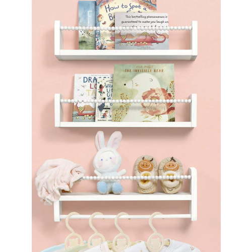 Gronda Nursery Bookshelves Set Of 3, Natural Wood Nursery Floating Shelves Wall Mount Storage Shelf With Towel Bar Hainging Bookshelf For Kids Room Bedroom Nursery Decor,White