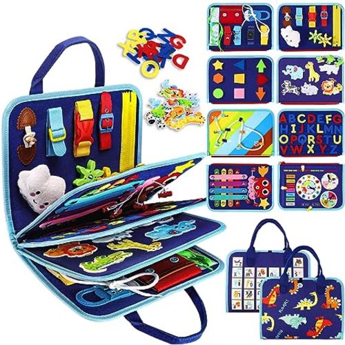 Esjay Toddler Busy Board Montessori Toys, Sensory Board Educational Activities for Learning Fine Motor Skills, Gifts for Girls Boys Toddler 3+Years Old, Travel Toys for Airplane Car - Blue Dinosaur