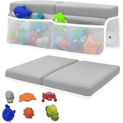 Baby Bath Kneeler and Elbow Rest Pad Set with Thick Memory Foam – Non-Slip Quick Dry Cushion, 2 Storage Pockets, Supportive Bath Kneeler & Elbow Pad for Infant & Toddler – Gray