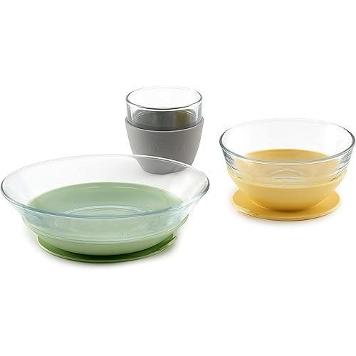 BEABA 3-Piece Duralex Glass Meal Set with Silicone Suction, Toddler Plate and Baby Bowls with Suction, Non Slip Kids Dinnerware Set, 2.5X Stronger Than Regular Glass, Pastel
