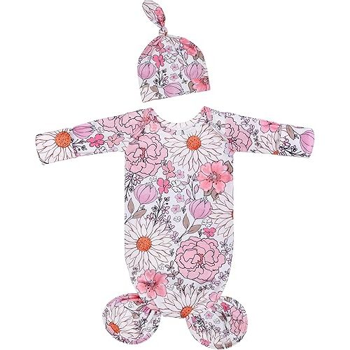 MVUOCR Newborn Baby Girl's Knotted Gowns Floral Baby Sleeper Infant Nightgowns Gift and Soft Coming Home Outfit with Hat