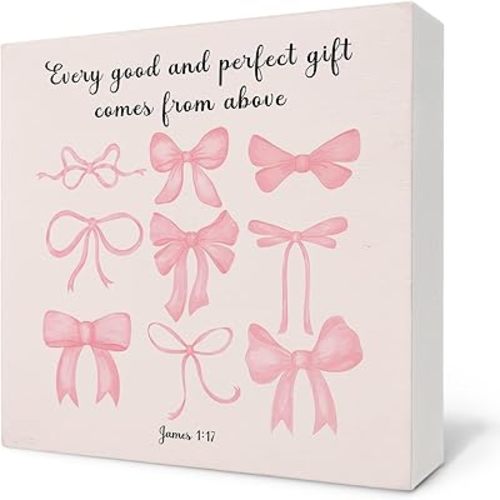 Pink Coquette Bows Signs - Christian Religious Wooden Box Sign, Preppy Room Decor Wooden Box Sign For House Table, Pink Bows decor For Girl Room Bedroom, 5x5 Inch