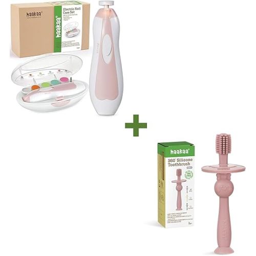 haakaa 360° Baby Toothbrush with Suction Base & haakaa Baby Nail Trimmer Electric Nail File Kit Manicure Set, 6 Grinding Heads and LED Light, Blush
