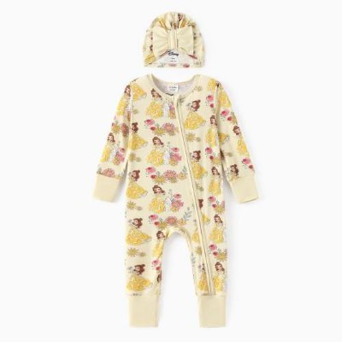 Disney Princess Baby Girl Bamboo Beller/Ariel/Cinderella Enveloping Cuffs Zipper Cute Jumpsuit Romper with Bowknot Hat Set (Yellow, 12-18 Months)