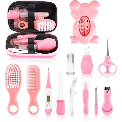 Baby Grooming and Healthcare Kit, Infant Safety Care Set with Hair Brush Comb Nail Clipper Nasal Aspirator,Baby Essentials Kit for Newborn Girls Boys (13 in 1, Pink)