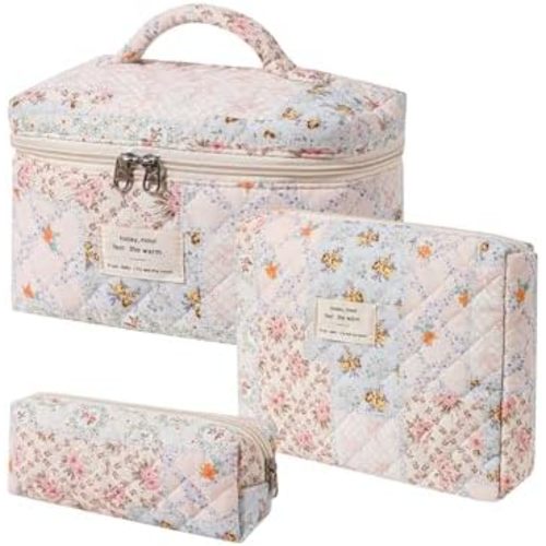 uekeboag 3Pcs Quilted Cotton Makeup Bag,Coquette Quilted Toiletry Bag for Women and Girls,Floral Coquette Pouch,Cute Kawaii Travel Cosmetic Bags(3Pcs pink flower)