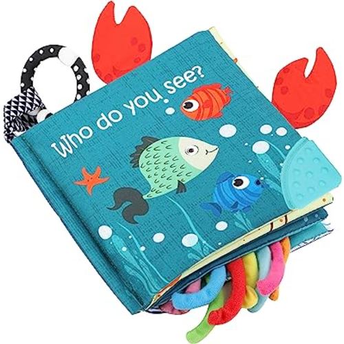 Fish Baby Books Toys, Touch and Feel Crinkle Soft Cloth Books for Babies,Toddlers,Infants,Kids Activity Early Education Toy, Shark Tails Teething Toys Teether Ring, Baby Book Octopus, Ocean Sea Animal