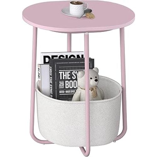 TUTOTAK Small Side Table, Oval End Table, Night Stand, Bedside Table, Sofa Table with Cloth Storage Basket, Living Room, Bed Room, Pink TB01BP063