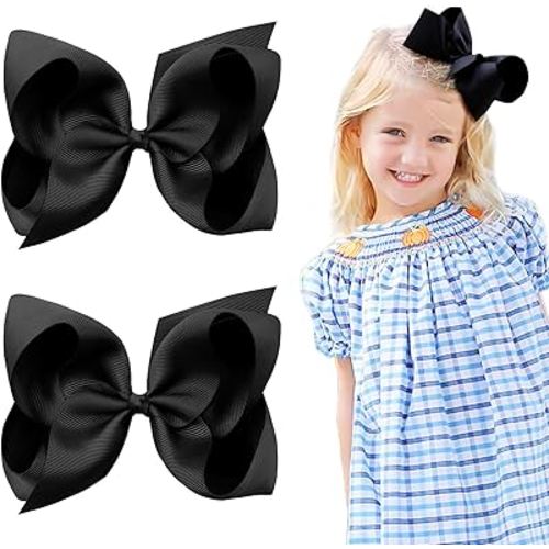 2PCS Oaoleer Black Layered Grosgrain Ribbon Alligator Clips Hair Barrettes for Baby Girls, Infants, Toddlers, Kids, and Teens (6inch-Type A, Black)