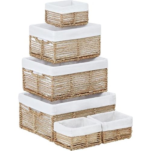Vagusicc Wicker Storage Basket, 6 Pack Seagrass Baskets for Organizing, Wicker Baskets with Handle, Rectangular Woven Basket for Storage Shelves, Cube Storage Bins for Closet/Clothes/Dresser