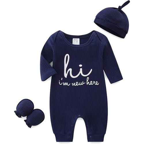 Unisex Newborn Baby Onesie Ribbed Romper Infant Long Sleeve Jumpsuit Hat and Gloves
