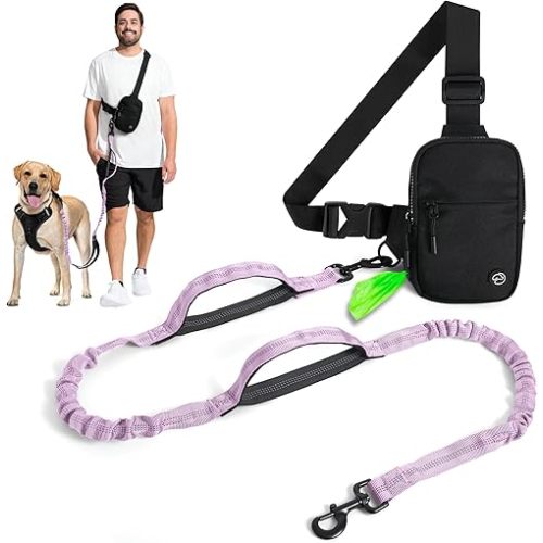 Hands Free Dog Leash with Poopy Bag Dispenser and Dual Bungee, Crossbody Bag Storage - for Medium and Large Dogs (Lavender)