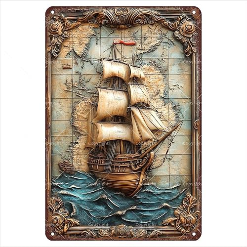 Vintage Tin Sign 12"x8" - Sailing Ship with Map Background Flat Metal Tin Signs with 3D Effect - Retro Tin Sign for Nautical Enthusiasts and History Lovers - Wall Art for Living Room/Office/Study - Gift for Sailors or Adventure Fans