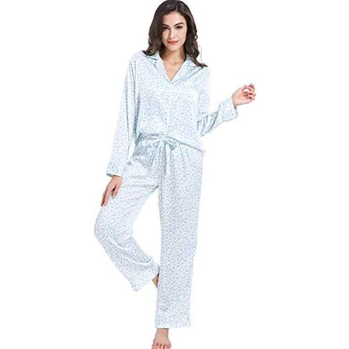 Women's Satin Pajama Set Long Sleeve Button Down Sleepwear 2-Piece Striped Silky Pj Set
