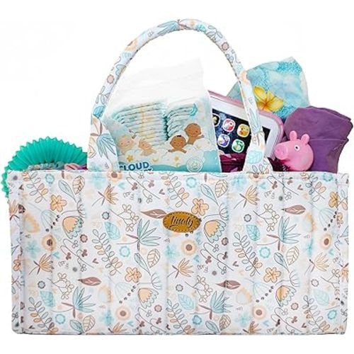 Floral Diaper Caddy Organizer, Caddy For Baby Stuff, Quilted Washable Car Storage for Newborn Toddler, Portable Nursery Storage Organizer for Changing, Waterproof Fabric Shower Basket, Floral Bag