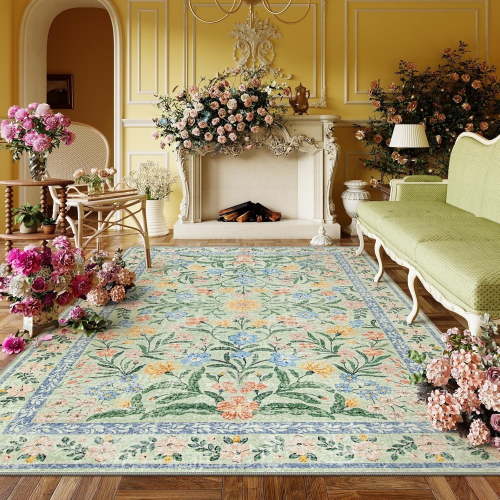 Moynesa 5'x7' Washable Rugs for Living Room, Boho Light Green Floral Rugs for Bedroom Girls Non Slip, Soft Low-Pile Nursery Carpet Rug for Dining Room Indoor,Green