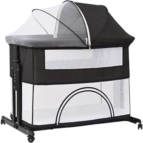 Bedside Crib, 3 in 1 Bassinet with Quick Height Adjustment and Mosquito Nets Rocking Bassinet for Baby, Bedside Bassinet with Wheels, Easy to Fold, Golden Triangle Structure（Grey）