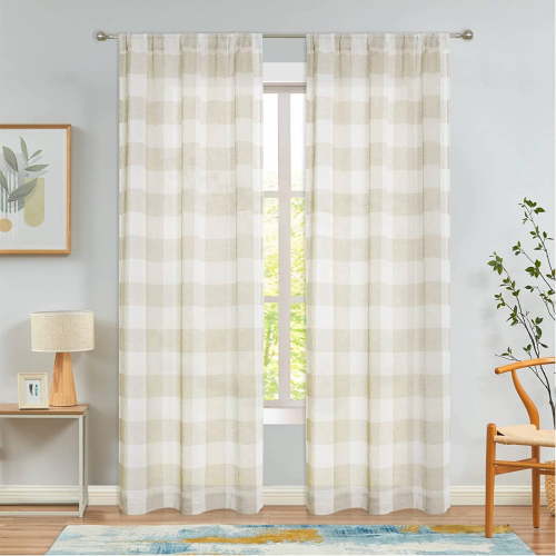 Bohogeo Buffalo Plaid Sheer Curtain Panels 84 inch Length, Farmhouse Check Window Treatment, Gingham Rod Pocket Curtain Drapes for Bedroom & Living Room, 2 Panels,38"x84", Tan