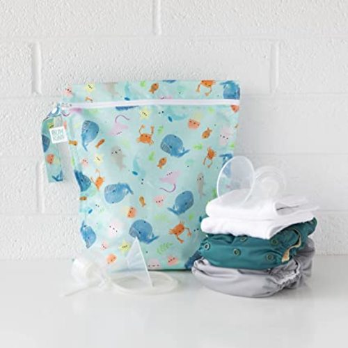 Bumkins Waterproof Wet Bag for Baby, Travel, Swim Suit, Cloth Diapers, Pump Parts, Pool, Gym Clothes, Toiletry, Strap to Stroller, Daycare, Zipper Reusable Bag, Wetdry Packing Pouch, Ocean Life Blue