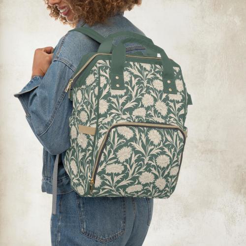 Vintage floral diaper bag Green flowers mother baby backpack