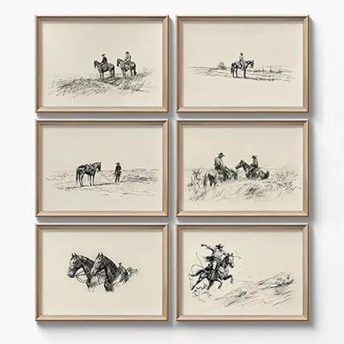 Western Cowboy Wall Art Decor Vintage Canvas Poster Southwest Cowboy Wall Art Neutral Pictures Western Sketch Drawing Painting Cowgirl Prints Farmhouse Gallery Artwork for Bedroom 8x10x6 Inch Unframed