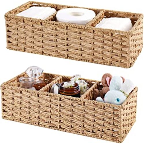 Vagusicc 3-Section Wicker Baskets for Shelves, Hand-Woven Round Paper Rope Wicker Storage Basket, Toilet Paper Basket for Toilet Tank Top, Baskets for Organizing, 2-Pack