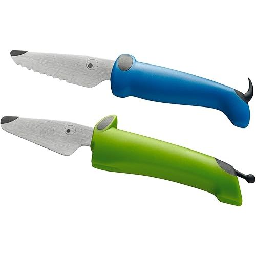 Kuhn Rikon Kinderkitchen® Kids Chef Knife Set 6", 2 Pieces, Green/Blue | Straight Edge & Serrated Knife | Cutting Tool Made for Real Cooking | Child Friendly Dog Design With Hand Guard For Safety