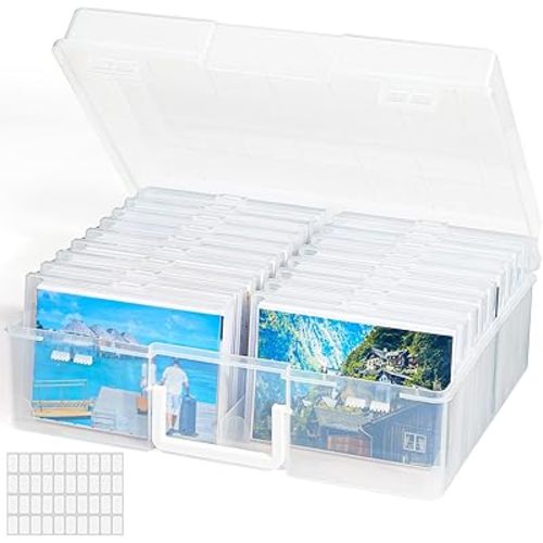 Lifewit Photo Storage Box 4x6 Photo Case, 18 Inner Photo Keeper, Clear Photo Boxes Storage with 1 Sheet Label Sticker, Seed Organizer Craft Storage Box for Cards Pictures Stamps Office Supplies