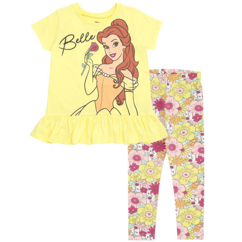 Disney Princess Belle Floral Little Girls Peplum T-Shirt and Capri Leggings Outfit Set Belle Yellow 6