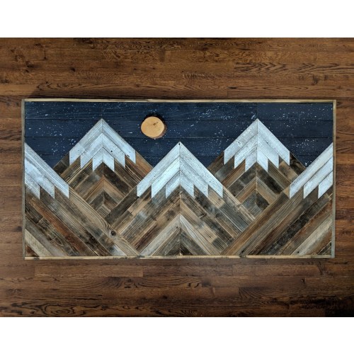 Rustic mountain wood wall art with night sky, moon and stars . Hand crafted from reclaimed wood by DoxaDesign