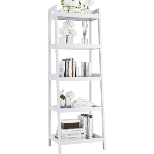 Bookshelf, 5 Tier Ladder Bookcase with Bamboo Frame, Freestanding Tall Narrow Display Plant Shelf for Living Room, Kitchen, Bedroom, Balcony, White