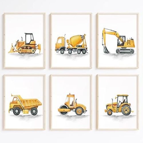 Truck Vehicle Wall Art Decor Set of 6 Boys Construction Wall Decor Kids Toddler Construction Canvas Wall Art Watercolor Truck Car Pictures Nursery Playroom Art for Room Bedroom 8x10 Inch Unframed