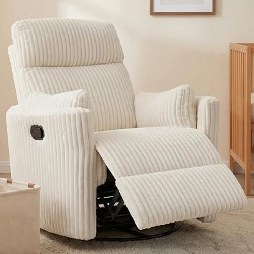 Oversize Nursery Rocking Chair, Manual 360°Swivel Glider Recliner with 2 Pillows, Soft Corduroy, 400 LBS, for Living Room, Bedroom, Nursery, Beige — Cozy Bonding Moments