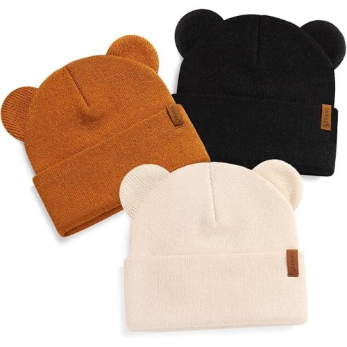 Baby Beanie Warm Winter Hat with Bear Ear Skull Cap | 0-6 Months | Beige, Caramel & Black - 3pcs