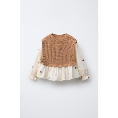 FLORAL EMBROIDERY SHIRT WITH KNIT VEST - taupe brown | ZARA United States