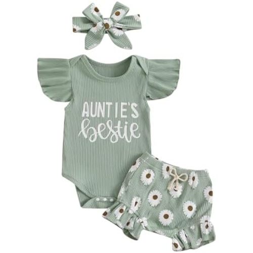 NZNDSHD Aunties Bestie Baby Clothes Girl Newborn Infant Girls Summer Outfit Short Sleeve Romper Daisy Short Headband Set