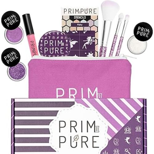 Prim and Pure Kids Makeup Gift Set - Stencil, Makeup Eyeshadow Bioglitter Lip Gloss and Cosmetic Bag Mirror Makeup Brush Accessories (Fairy Purple)