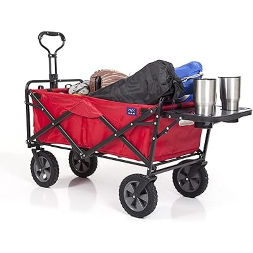 MACSPORTS Collapsible Outdoor Utility Wagon with Folding Table and Drink Holder, Bright Red
