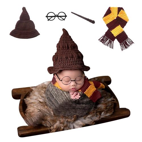 4PCS Newborn Photography Props - Magic Wizard Witch Hat Scarf Wand Glasses Frame Decoration, Newborn Photography Outfits,Halloween Cosplay Baby Photoshoot Props, Baby Halloween Photoshoot Props