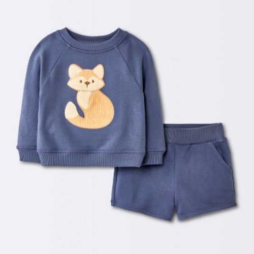 Baby Boys' 2pc Fox Applique Sweatshirt & Shorts Set - Cloud Island™ Navy Blue Newborn