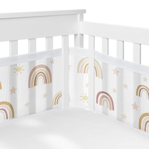 Sweet Jojo Designs + BreathableBaby Boho Rainbow Girl Breathable Mesh Crib Liner Anti-Bumper Baby and Infant - Blush Pink Yellow Tan Bohemian Modern Neutral Vintage Dusty Rose Mauve Taupe Stars Sun