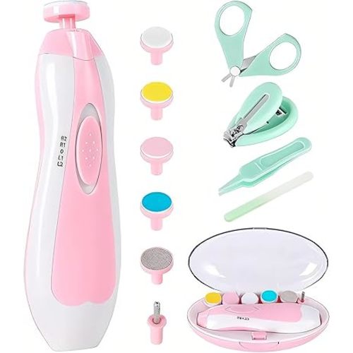 Baby Nail Trimmer Electric-12 in 1 Baby Nail Clippers Safe Baby Nail File Kit with a Nail Clipper, Scissor, Tweezers, and Nail Files (Pink+)