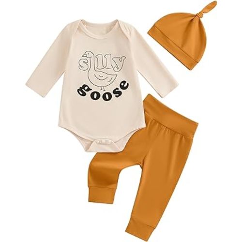 Newborn Baby Boy Clothes Silly Goose Long Sleeve Romper Long Pants Hat Set 3Pcs Infant Boys Farm Fall Outfits
