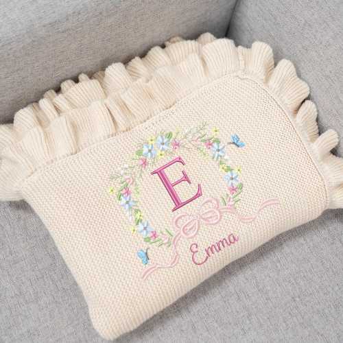 Personalized Embroidery Floral Baby Knit Blanket, Sweet Flower Baby Girl Blanket, Custom Embroidery Baby Name Blanket,Baby Pregnant Mom Gift