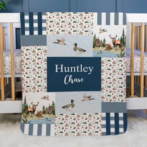 Hunting Baby Quilt, Personalized Hunting Baby Quilt, Optional Bundle with Sign, Duck Buck and Turkey Quilted Blanket, Hunting Nursery, W61