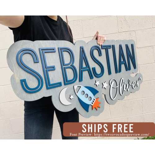 Rocket name sign, name sign, large wood name sign, space nursery name sign, above crib cut out, layered baby name sign, cut out sign
