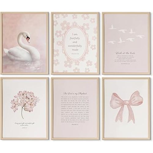 6Pcs Pink Nursery Christian Wall Art Kids Bible Verse Posters Coquette Bow Bible Canvas Prints Jesus Boho Scripture Pictures Pink Vintage Floral Swans Wall Decor for Baby Girl Room 8x10in Unframed